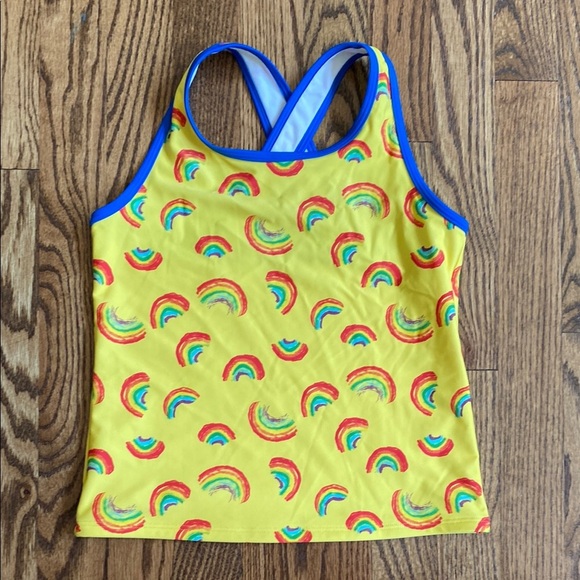 Yellow with rainbow print LL Bean kids tankini top size 12. Excellent condition - Picture 1 of 9